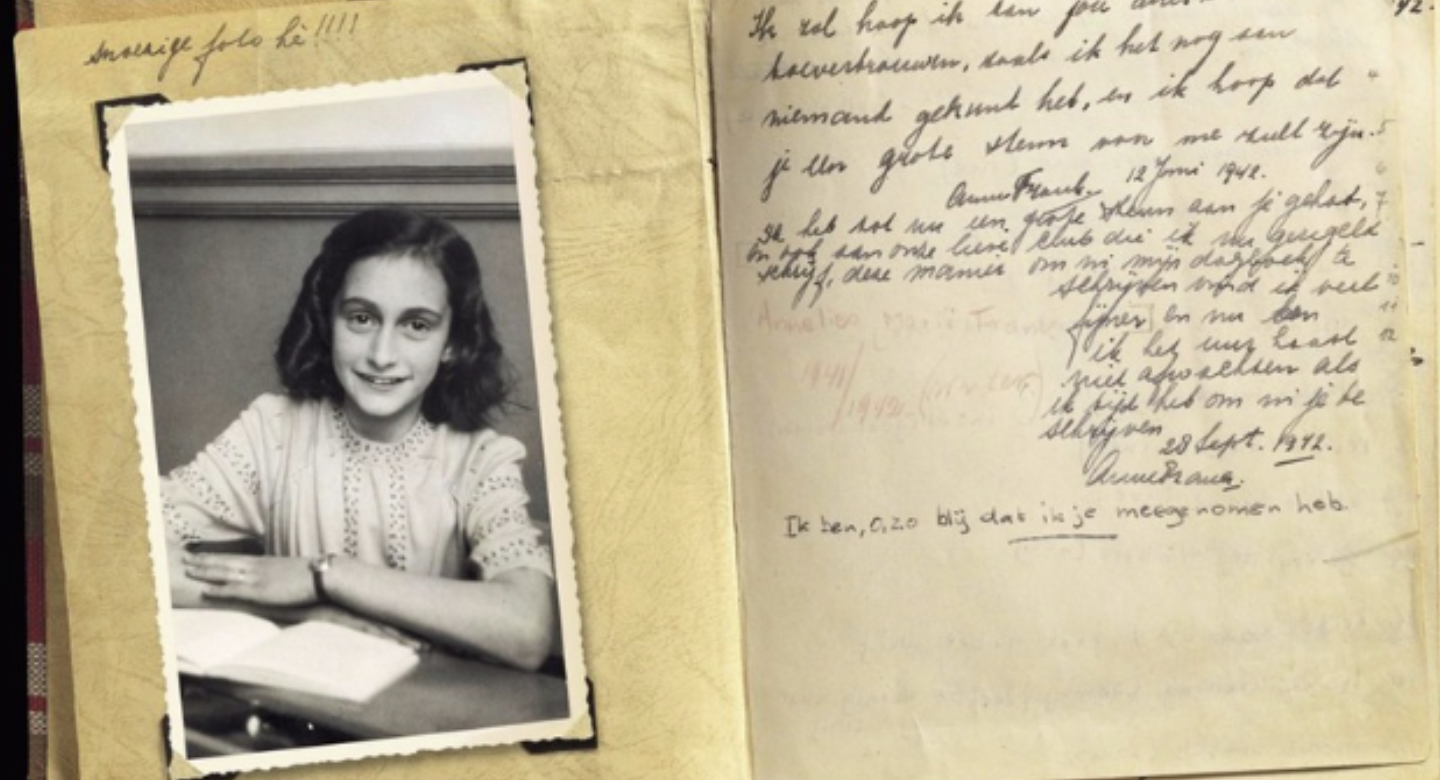 Photograph of Anne Frank and her diary